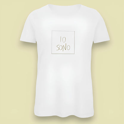 T-shirt bianca da donna con disegno artigianale "Io Sono"