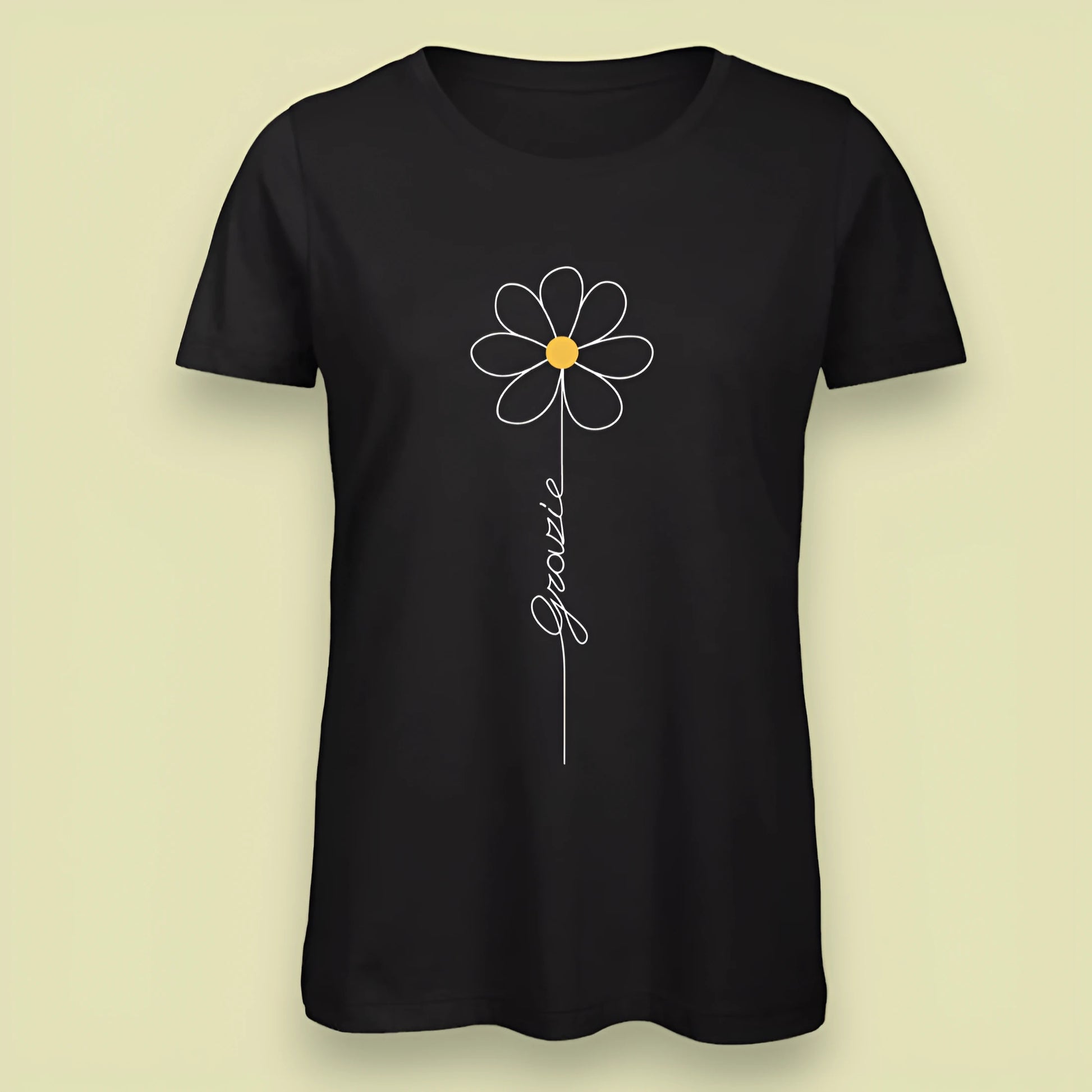 T-shirt nera da donna con disegno artigianale "Grazie"